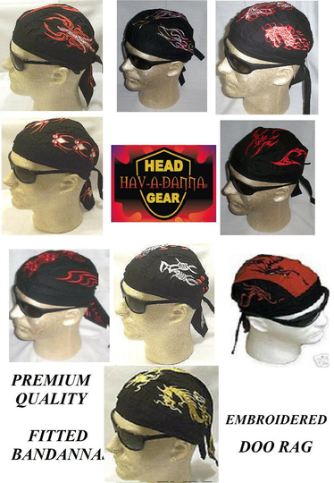 HAV-A-HANK HAV-A-DANNA EMBROIDERED FITTED BANDANA TIES Doo Do Rag Skull Head Cap
