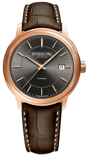 Raymond Weil Maestro Automatic Date Grey Dial Brown Leather Strap Watch, 39.5mm