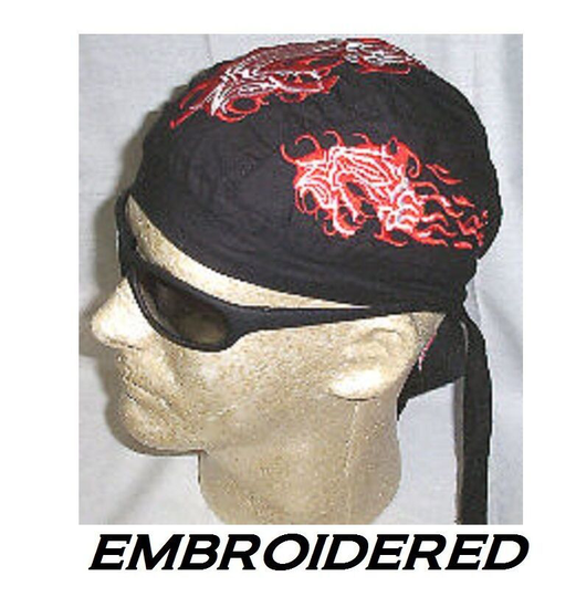 SEA SERPENT DRAGON Tribal EMBROIDERED FITTED BANDANA w/TIES Doo Do Rag Skull Cap