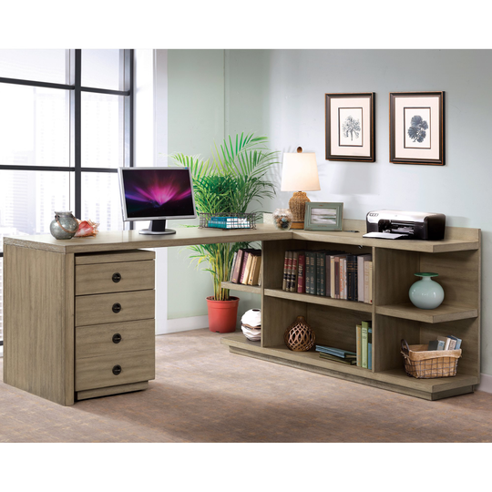 Perspectives Weathered Brown L-Shaped Desk with Filing Cabinet