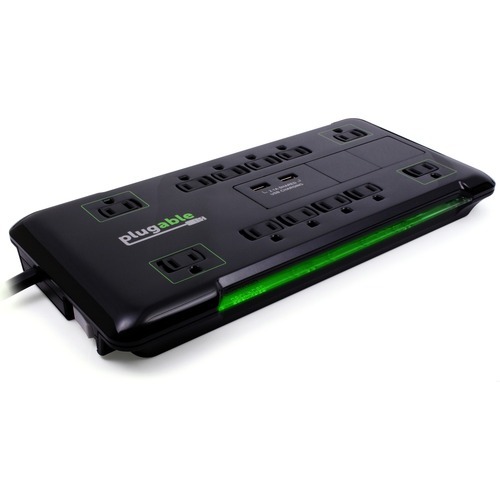 Plugable 12 AC Outlet Surge Protector with Built-In 10.5W 2-Port USB Charger