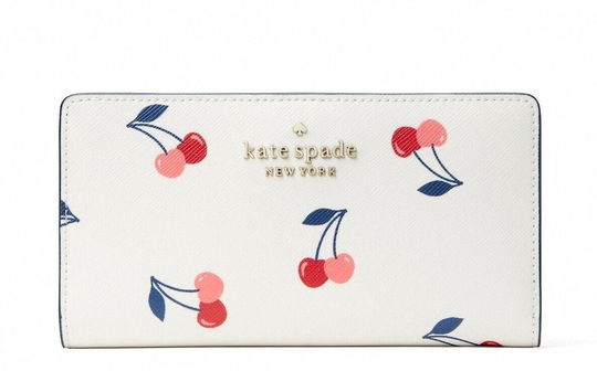 New Kate Spade Staci Dancing Cherries Large Slim Bifold Leather wallet Cream