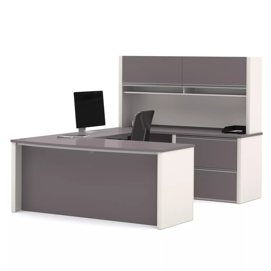 Bestar Connexion OfficePro 93000 2-drawer U-Shaped Bow-front Desk with Hutch, Slate/Sandstone