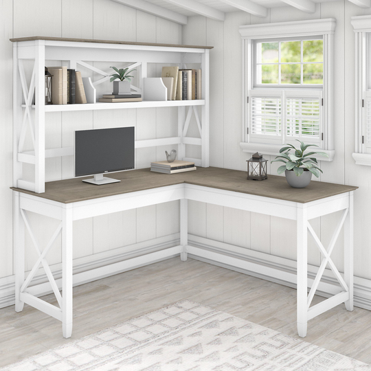 Key West White and Shiplap Gray 60 Inch L shaped Desk and Hutch