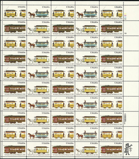 Trolley Street Cars Sheet of Fifty 20 Cent Postage Stamps Scott 2059-62