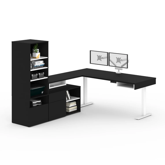 Viva Two 72"W L-Shaped Standing Desks with Dual Monitor Arms and Storage, Black