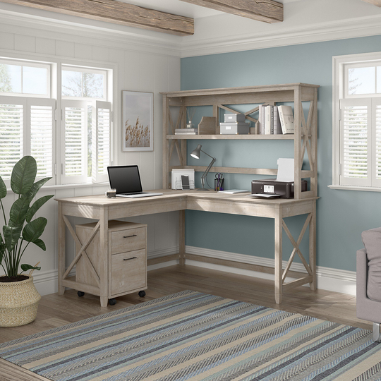 Key West Farmhouse Washed Gray 60W L-Desk with Hutch, and File Cabinet