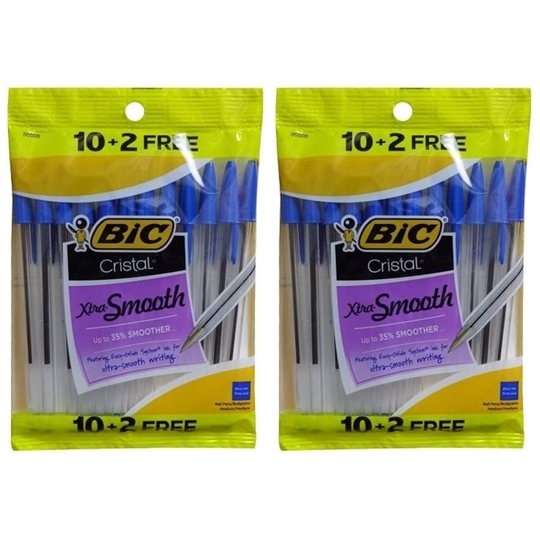 Pack of (2) New Bic Cristal Xtra-Smooth - 10 + 2 Free - Blue Pens