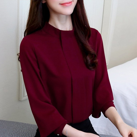 Burgundy long buttoned sleeve elegant female blouse women shirt office top