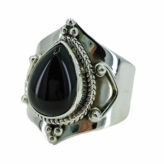 Bague en argent en forme de poire avec onyx noir Bijoux faits à la main en...