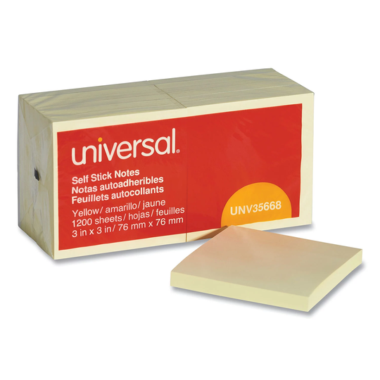 Universal® Standard Self-Stick Notes, 3" x 3", Yellow, 100-Sheet Pads, 12 Pads