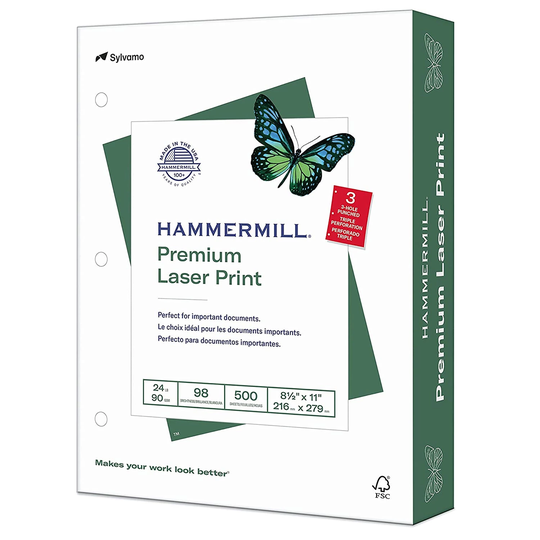 Hammermill - Laser Print Paper, 24lb, 98 Bright, 3 Hole Punched - Ream