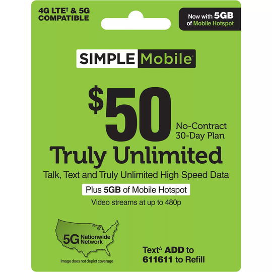 Simple Mobile $50 TRULY UNLIMITED Plan plus 5GB Hotspot