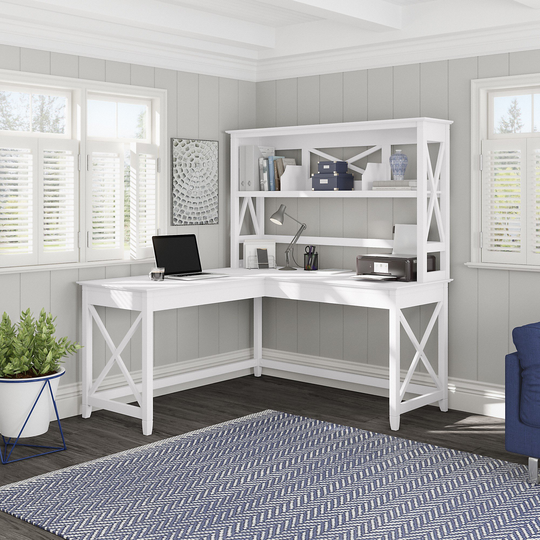 Key West White Oak 60 Inch L Shaped Desk with Hutch