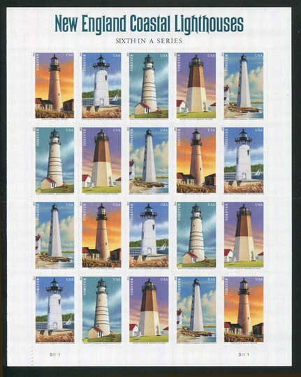 New England Coastal Lighthouses Sheet of 20 Forever Stamps Scott 4791-95