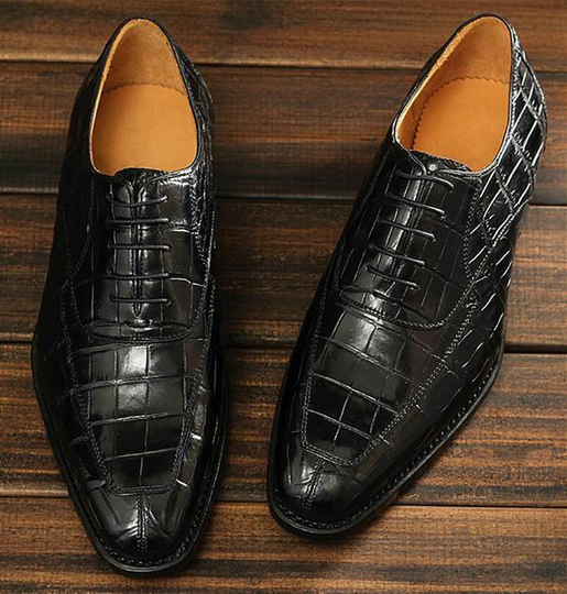 Handmade Men's Black alligator leather split toe oxford shoes, crocodile imprint