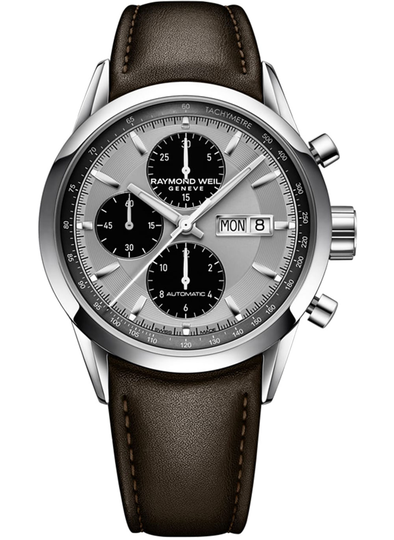 Raymond Weil Freelancer Automatic Chronograph Silver Dial Brown Leather Watch 42mm