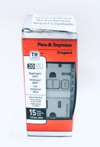 15A 125VAC 60Hz Nightlight/GFCI Temper Resistant Outlet, Brushed Nickel