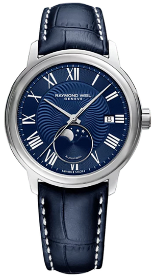 Raymond Weil Maestro Automatic Moon Phase Blue Dial & Leather Strap Watch, 39.5mm