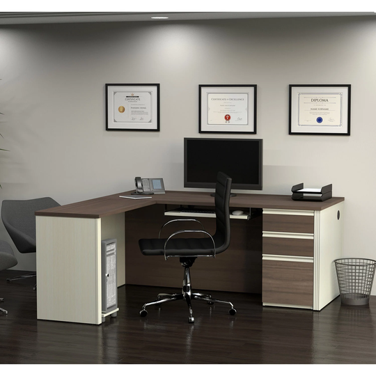 Bestar Prestige + OfficePro 99000 3-Drawer L-Shaped Desk, White Chocolate/Antigua