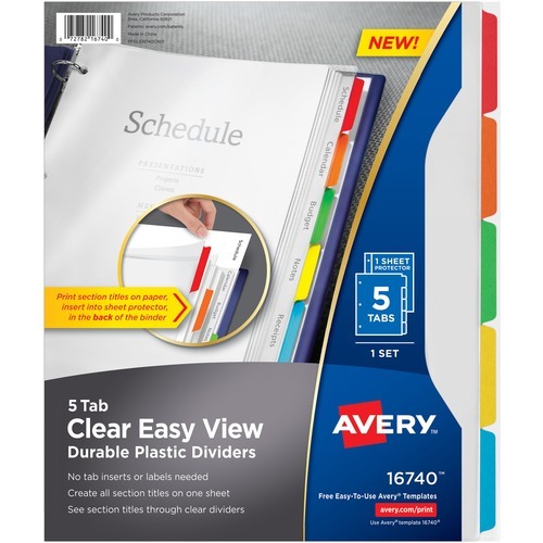 Avery Clear Easy View Durable Plastic Dividers, 5 Tabs (16740)