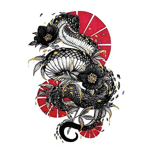 1 Sheet Black Snake Turning Dragon Temporary Tattoo Sticker Chinese Style Flower