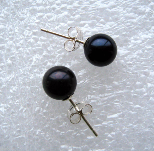 7-8mm Round Black Pearl Sterling Silver Earrings .925 Freshwater Cultured Pearls