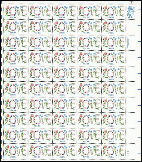 1951, 20¢ LOVE Complete Sheet of 50 Stamps Mint NH - Stuart Katz