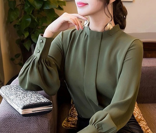 Olive green long buttoned sleeve elegant female blouse women shirt office top