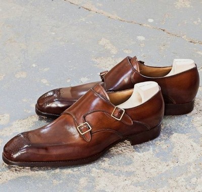 New Office Hand made Genuine Brown Leather Double Monk Strap Brogue Formal Shoes