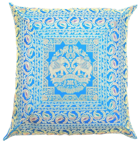 26" Indien Traditional Peacock Silk Brocade Large Cushion Cover Turquoise Blue