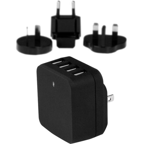StarTech.com Travel USB Wall Charger - 4 Port - Black - Universal Travel Adapter - International Power Adapter - USB Charger