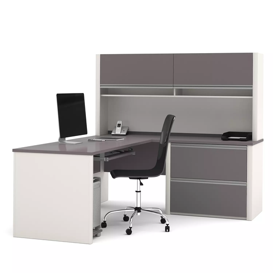 Bestar Connexion OfficePro 93000 2-Drawer L-Shaped Desk with Hutch, Slate/Sandstone