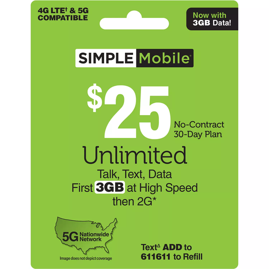 Simple Mobile $25 Plan (3GB up to 4G LTE *)