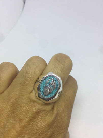 1980's Vintage Southwestern Silver Bronze 14 Bear Paw Turquoise Inlay Ring
