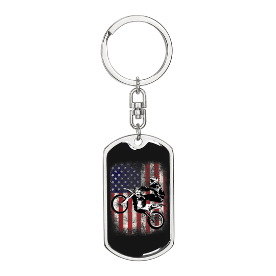 Dirt Vélo Drapeau Américain Biker Porte-Clé Acier Inoxydable Ou 18k Or Chien Tag