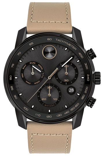 Movado BOLD Verso Chronograph Black Dial Taupe Leather Strap Watch, 44mm