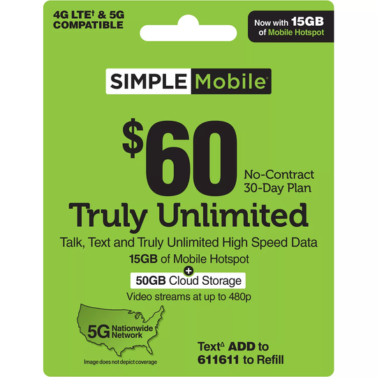 Simple Mobile $60 TRULY UNLIMITED Plan plus 15GB Hotspot