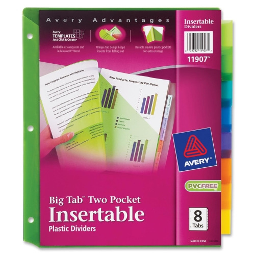 Avery Big Tab Insertable Two-Pocket Plastic Dividers, 8-Tab Set, Multicolor (11907)