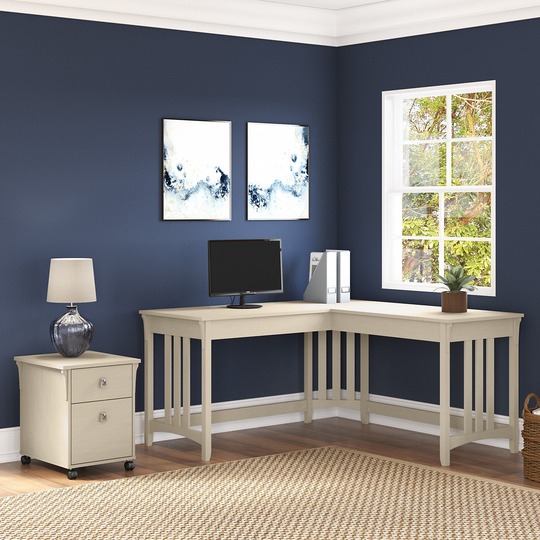 Salinas Antique White L Shaped Desk and Pedestal