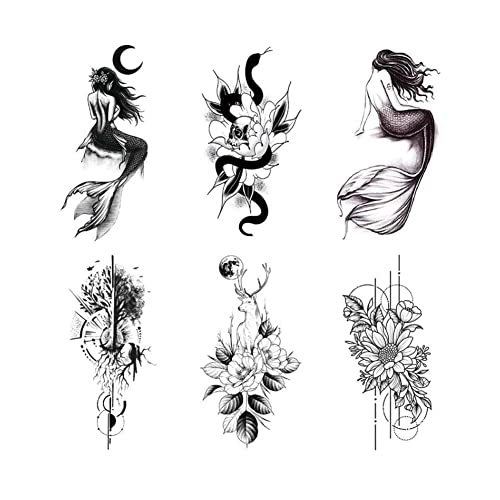 6 Sheets Black White Temporary Tattoo Stickers Mermaid Flower Snake Skull Fake T