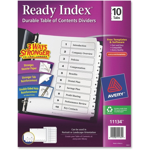 Avery Ready Index 10 Tab Dividers, Customizable TOC, 1 Set (11134)