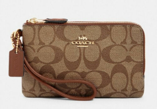 New Coach 87591 Double corner zip wristlet Khaki / Redwood