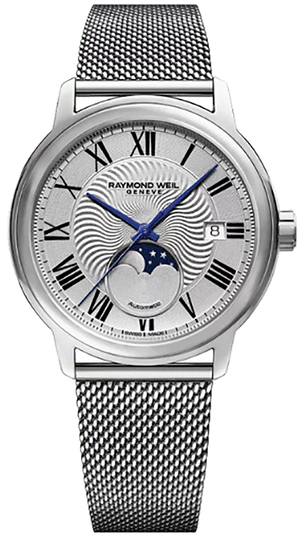 Raymond Weil Maestro Moon Phase Automatic Silver Dial Mesh Stainless Steel Bracelet Watch, 39.5mm