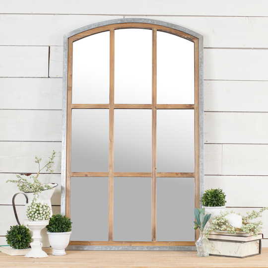 Wood and Metal Window Pane Mirror with Arched Top