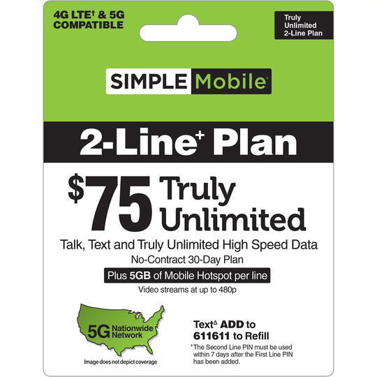 Simple Mobile $75 TRULY UNLIMITED Plan (2-Line)
