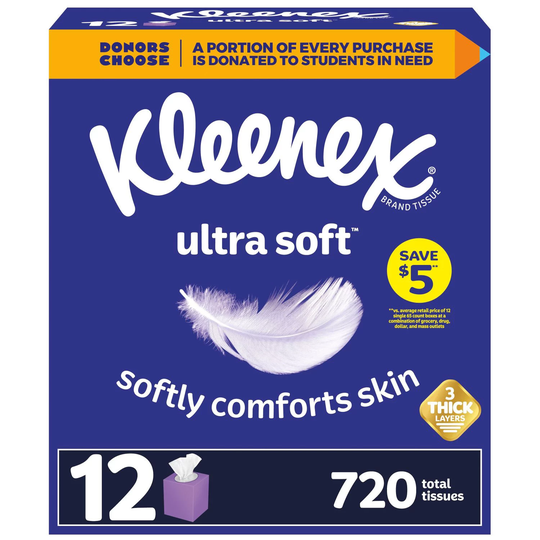 Kleenex Ultra Soft 3-Ply Facial Tissues, Cube Boxes (60 tissues/box, 12 boxes)