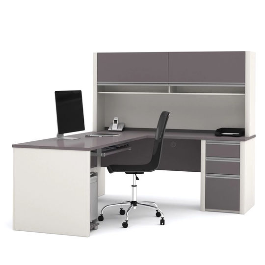 Bestar Connexion OfficePro 93000 L-Shaped Desk with Hutch, Slate/Sandstone