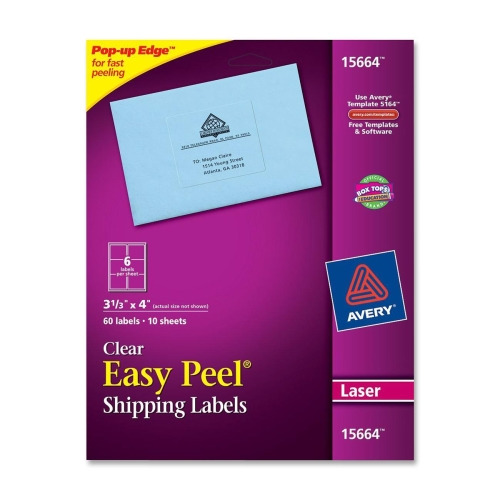 Avery® Clear Shipping Labels, Sure Feed, 3-1/3" x 4" , 60 Labels (15664)