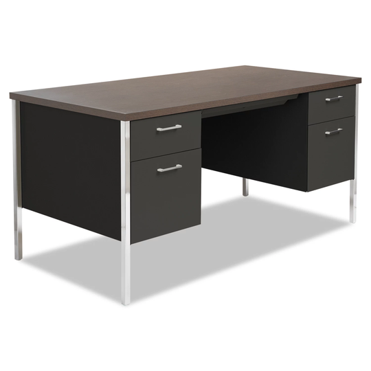 Alera 60" Double Pedestal Steel Desk, Black/Walnut